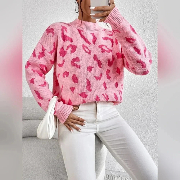 Leopard Pattern Mock Neck Drop Shoulder Sweater - Picture 4 of 7